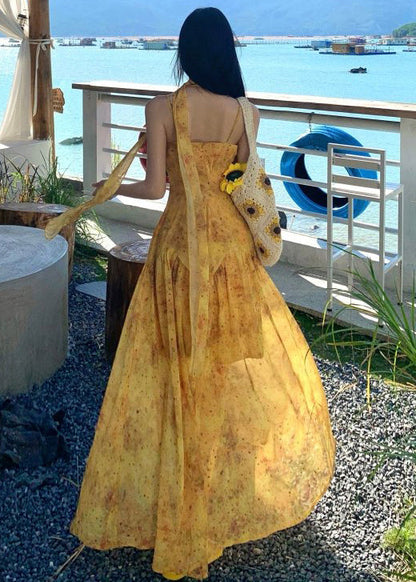Elegant Yellow Print Exra Large Hem Cotton Vacation Dress Summer
