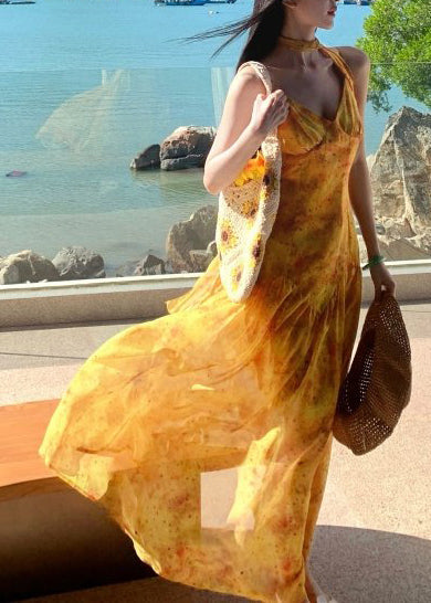 Elegant Yellow Print Exra Large Hem Cotton Vacation Dress Summer