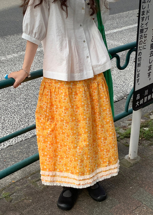 Elegant Yellow Print Lace Patchwork Cotton Skirt Summer