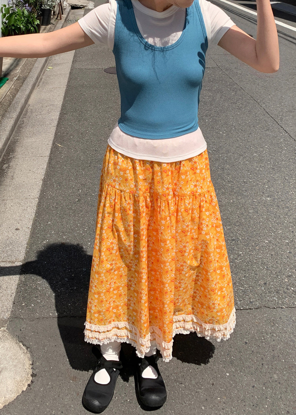 Elegant Yellow Print Lace Patchwork Cotton Skirt Summer