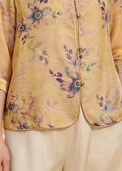 Elegant Yellow Print Silk Blouse Tops Bracelet Sleeve