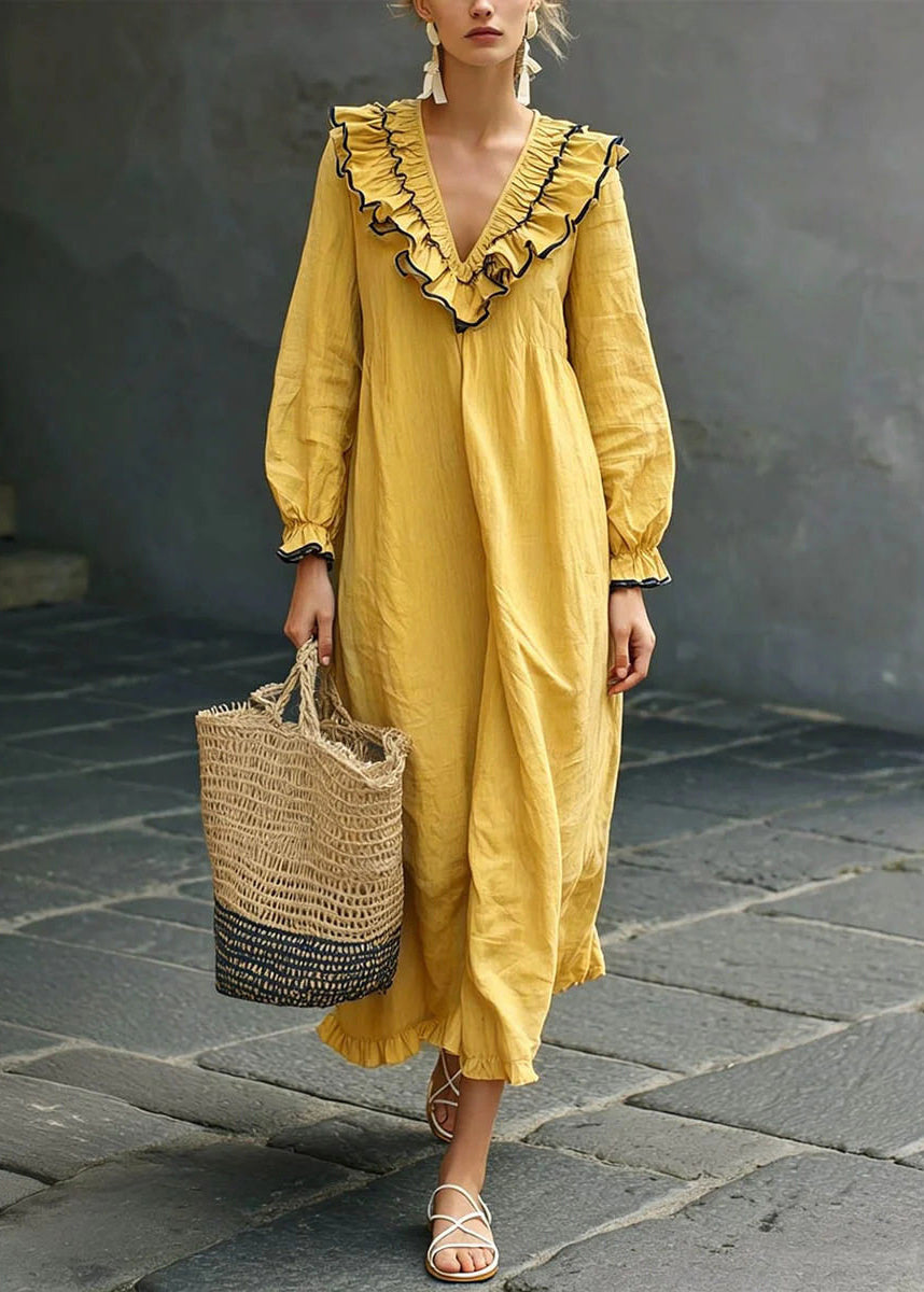 Elegant Yellow Ruffled Patchwork Solid Maxi Dresses Fall