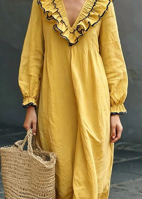 Elegant Yellow Ruffled Patchwork Solid Maxi Dresses Fall