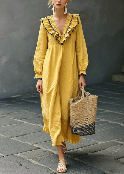 Elegant Yellow Ruffled Patchwork Solid Maxi Dresses Fall