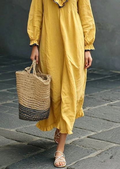 Elegant Yellow Ruffled Patchwork Solid Maxi Dresses Fall