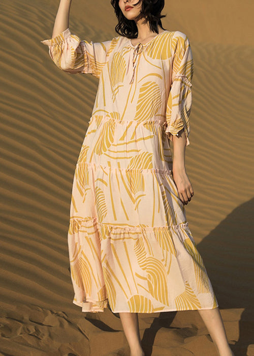 Elegant Yellow Ruffled Print Lace Up Cotton Long Dresses Half Sleeve