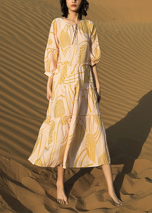 Elegant Yellow Ruffled Print Lace Up Cotton Long Dresses Half Sleeve