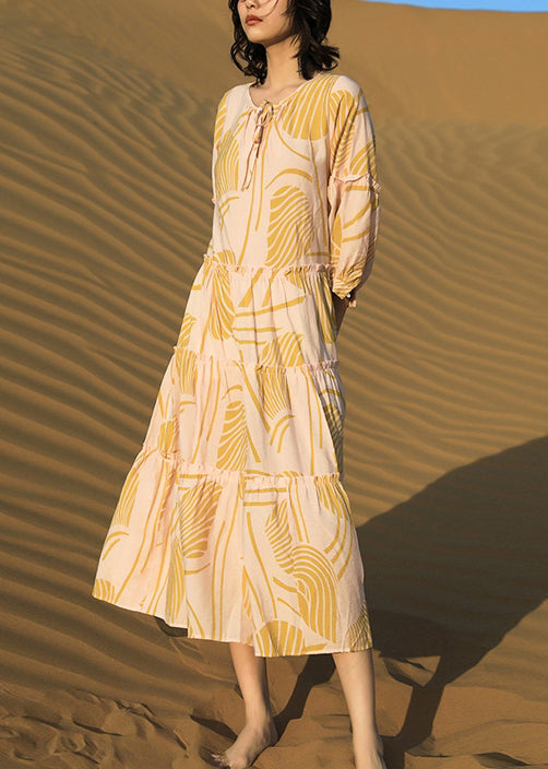 Elegant Yellow Ruffled Print Lace Up Cotton Long Dresses Half Sleeve