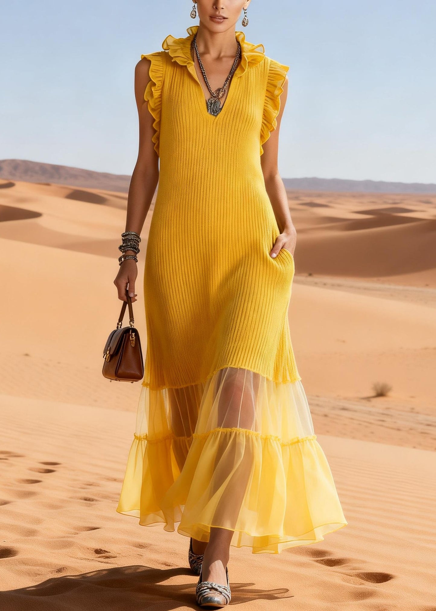 Elegant Yellow Ruffled Tulle Patchwork Knit Long Sweater Dress Sleeveless