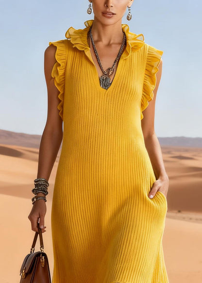 Elegant Yellow Ruffled Tulle Patchwork Knit Long Sweater Dress Sleeveless