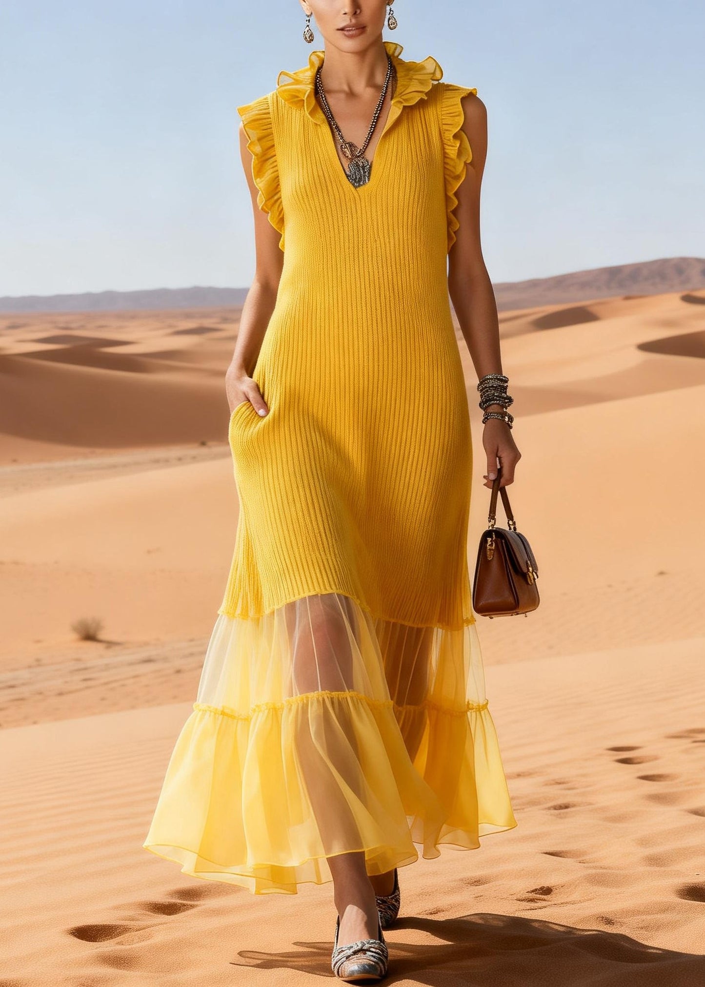 Elegant Yellow Ruffled Tulle Patchwork Knit Long Sweater Dress Sleeveless