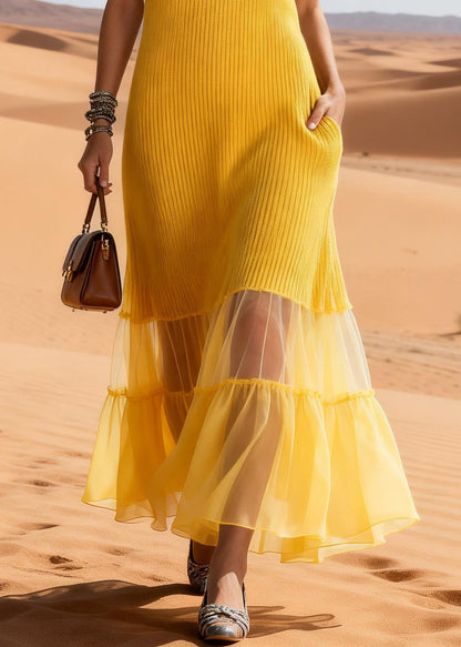 Elegant Yellow Ruffled Tulle Patchwork Knit Long Sweater Dress Sleeveless