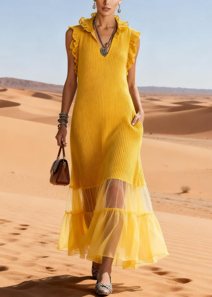 Elegant Yellow Ruffled Tulle Patchwork Knit Long Sweater Dress Sleeveless