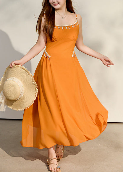 Elegant Yellow Tasseled Chiffon Spaghetti Strap Dress Summer