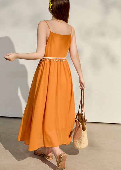 Elegant Yellow Tasseled Chiffon Spaghetti Strap Dress Summer