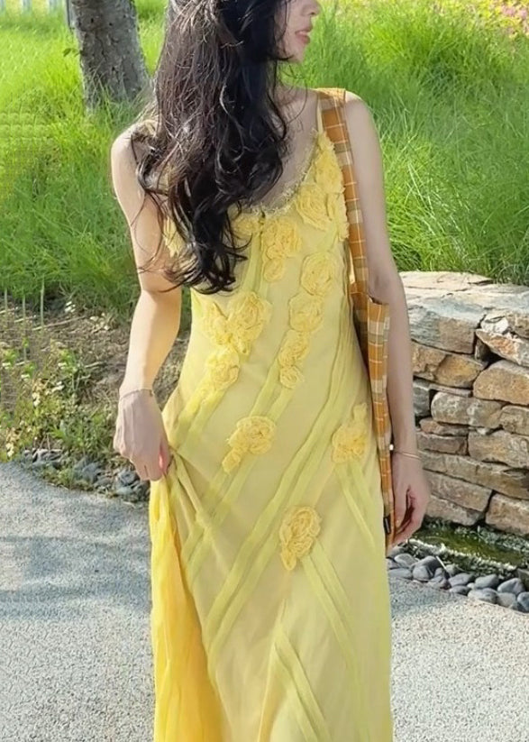 Elegant Yellow V Neck Floral High Waist Spaghetti Strap Dress Sleeveless