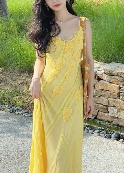 Elegant Yellow V Neck Floral High Waist Spaghetti Strap Dress Sleeveless