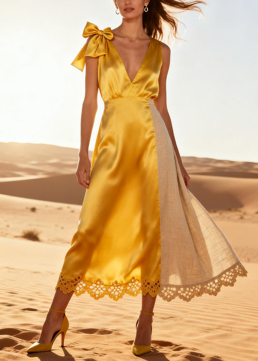 Elegant Yellow V Neck Patchwork Linen Silk Holiday Dress Summer