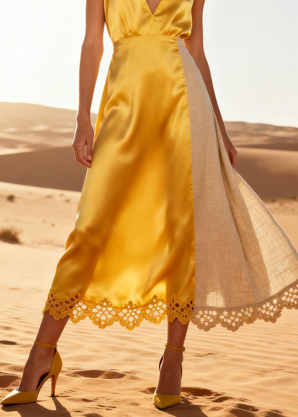 Elegant Yellow V Neck Patchwork Linen Silk Holiday Dress Summer