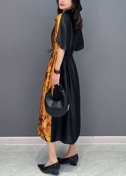 Elegant Yellow V Neck Print Wrinkled Drawstring Patchwork Silk Dress Summer