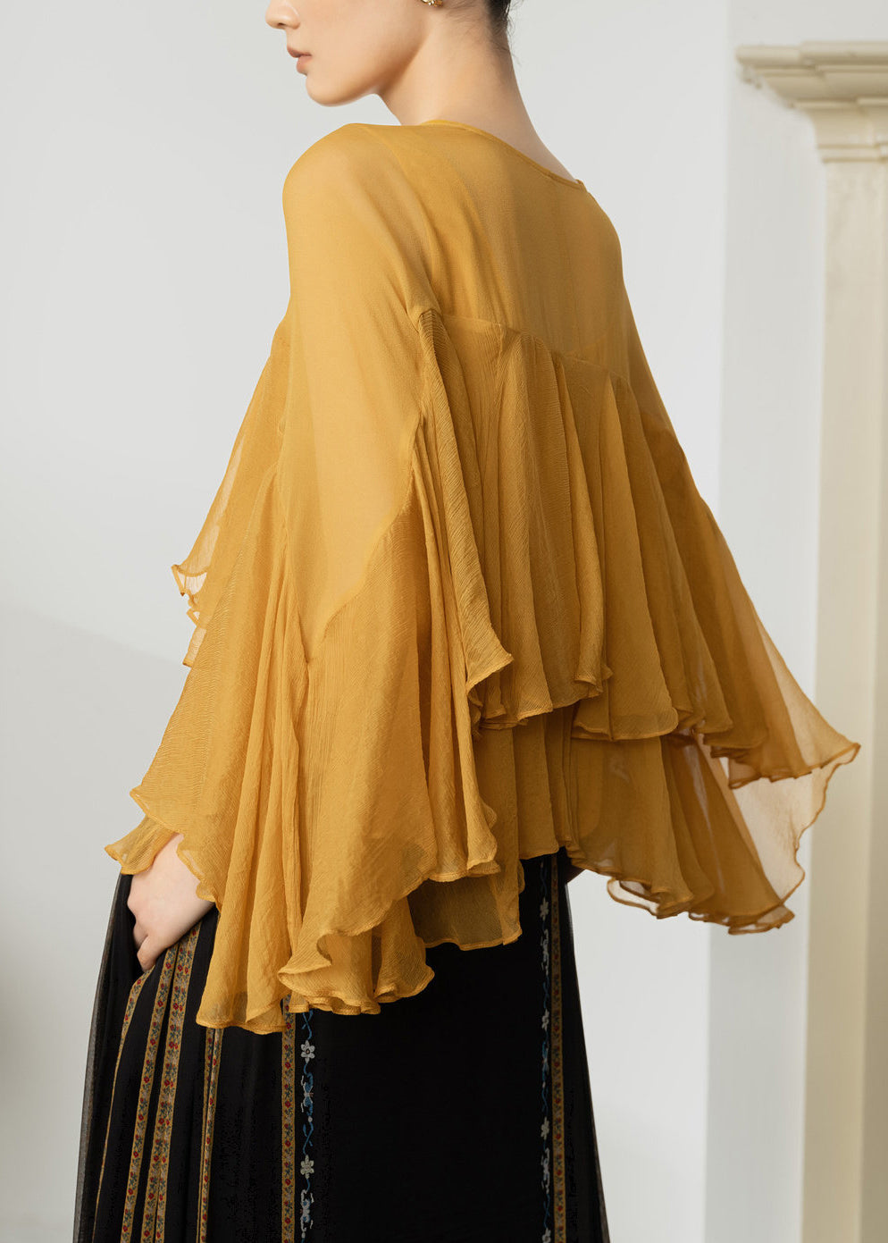 Elegant Yellow V Neck Ruffled Layered Shirts Top Summer