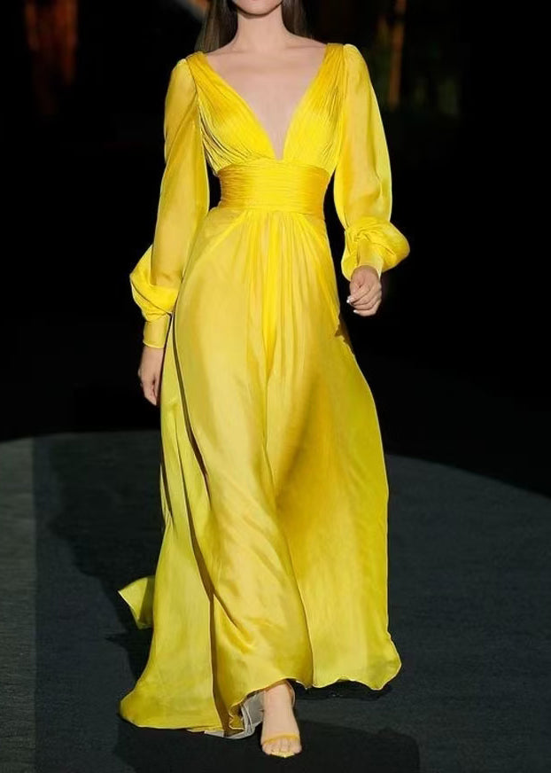 Elegant Yellow V Neck Wrinkled Chiffon Party Dress Long Sleeve