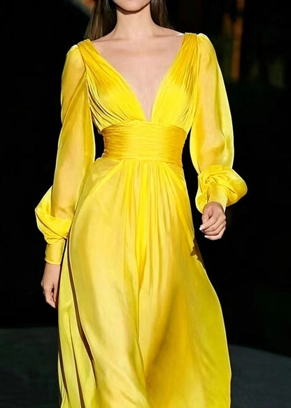 Elegant Yellow V Neck Wrinkled Chiffon Party Dress Long Sleeve