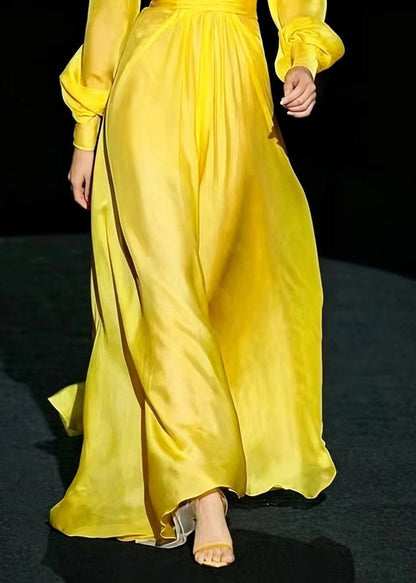 Elegant Yellow V Neck Wrinkled Chiffon Party Dress Long Sleeve