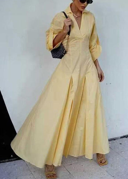 Elegant Yellow V Neck Zippered Solid Cotton Shirts Dress Half Sleeve