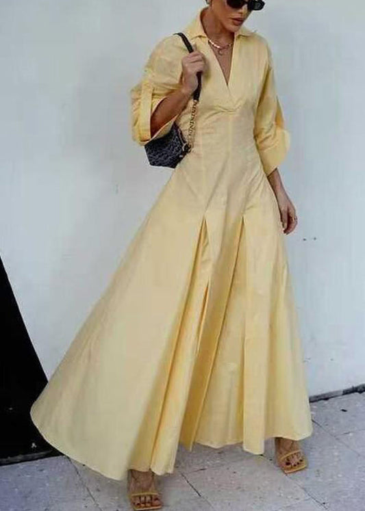 Elegant Yellow V Neck Zippered Solid Cotton Shirts Dress Half Sleeve