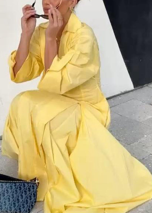 Elegant Yellow V Neck Zippered Solid Cotton Shirts Dress Half Sleeve