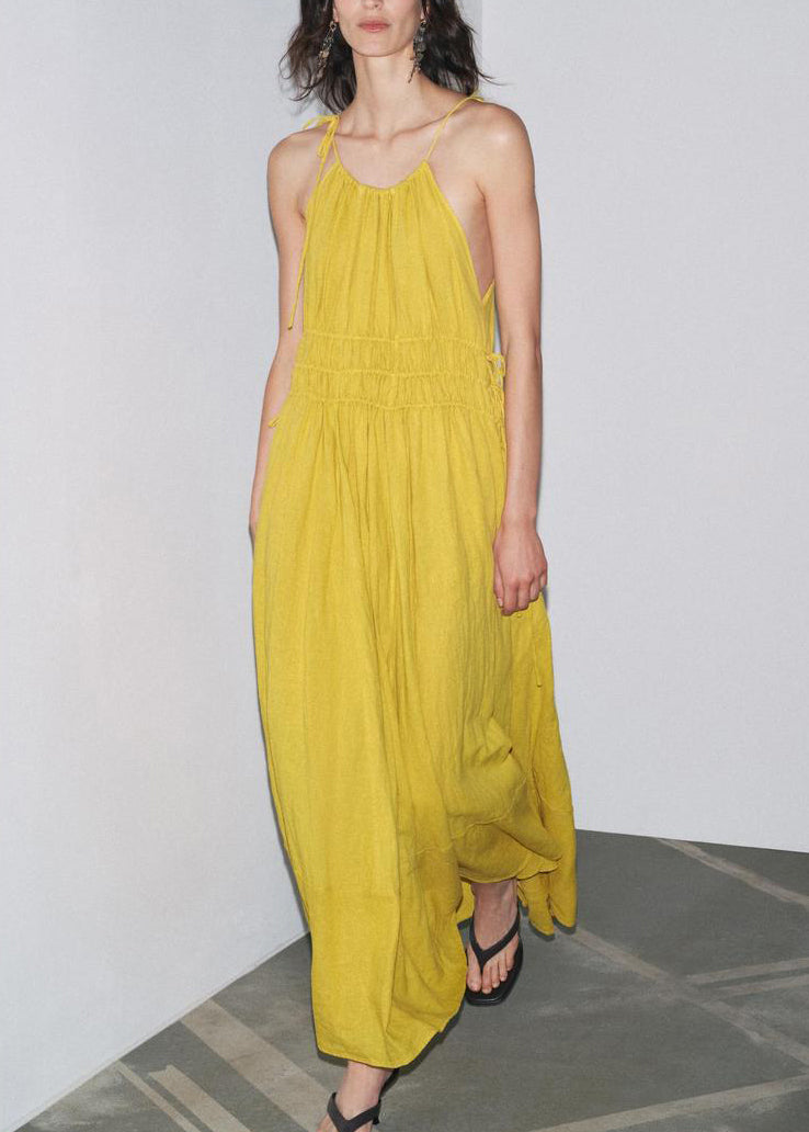 Elegant Yellow Wrinkled Lace Up Linen Spaghetti Strap Dress Sleeveless