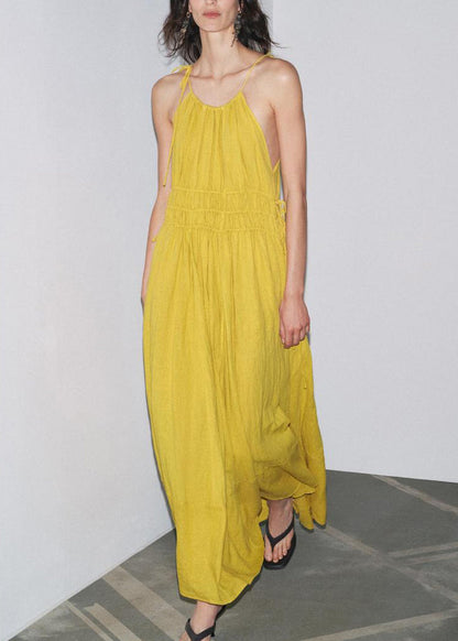 Elegant Yellow Wrinkled Lace Up Linen Spaghetti Strap Dress Sleeveless