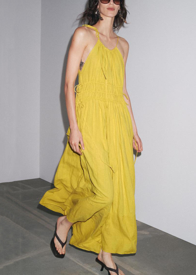 Elegant Yellow Wrinkled Lace Up Linen Spaghetti Strap Dress Sleeveless
