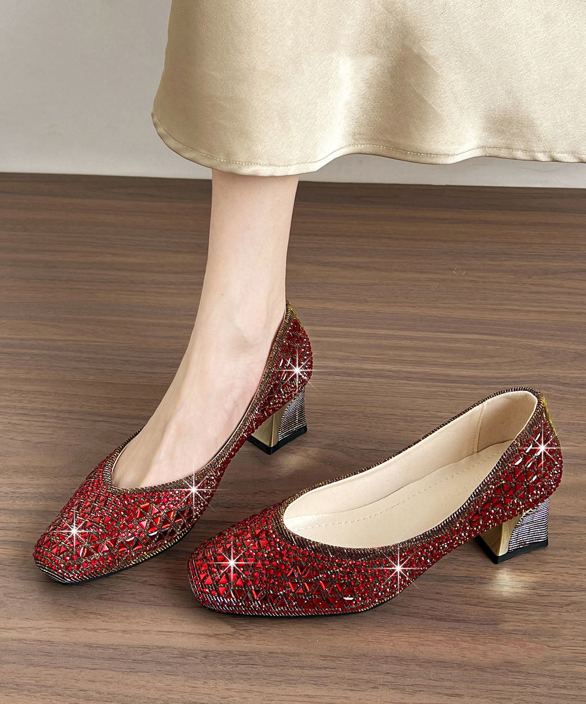 Elegant Zircon Splicing Chunky High Heels Red Faux Leather