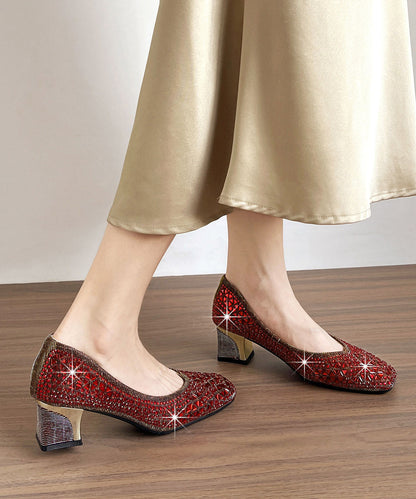 Elegant Zircon Splicing Chunky High Heels Red Faux Leather