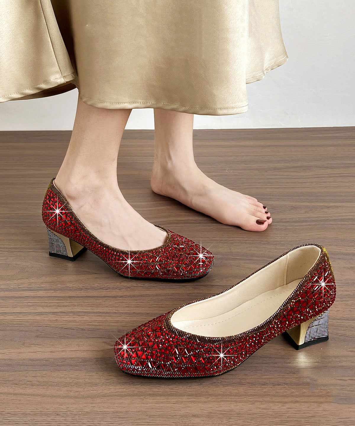 Elegant Zircon Splicing Chunky High Heels Red Faux Leather