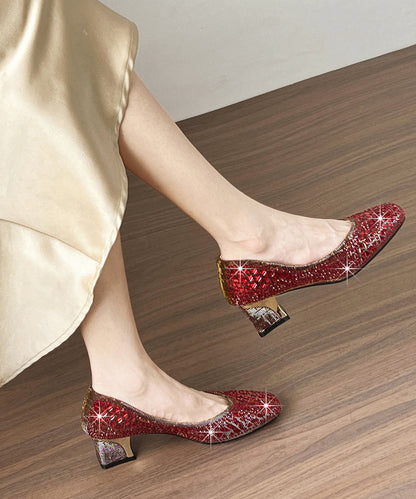 Elegant Zircon Splicing Chunky High Heels Red Faux Leather