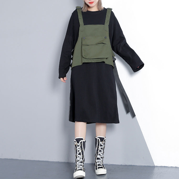 Elegant army green fall Loose fitting casual dress false two pieces 2018 O neck dress