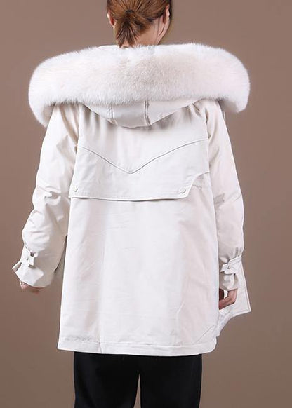 Elegant beige down coat winter Loose fitting fur collar zippered Fine overcoat - SooLinen