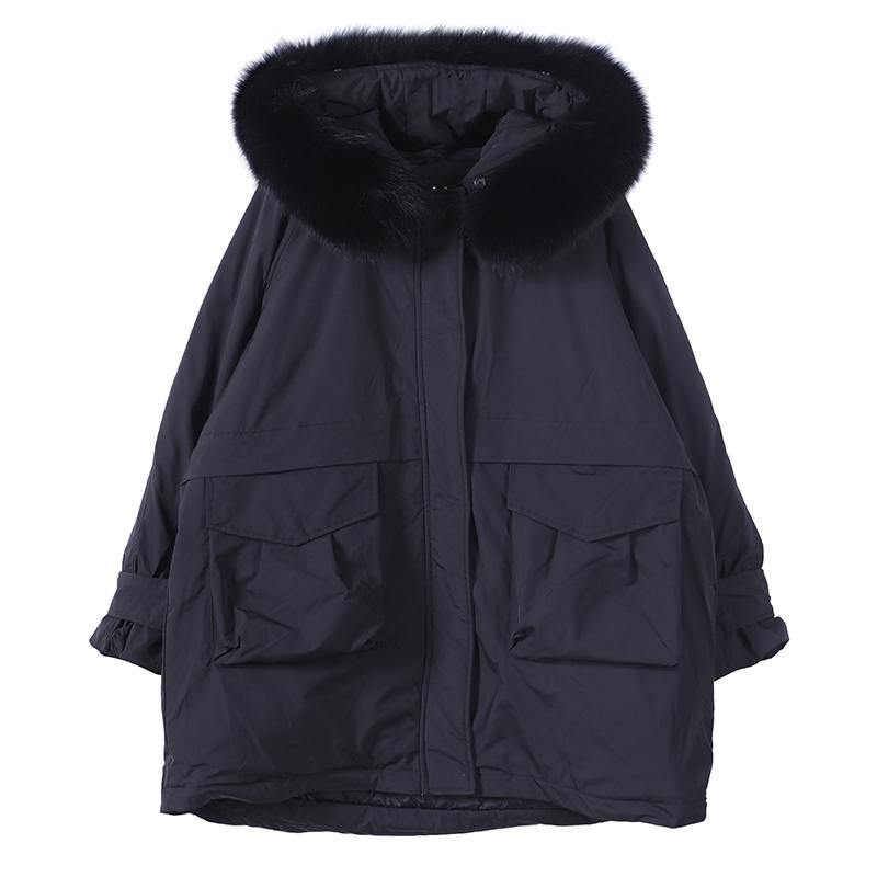 Elegant beige down coat winter Loose fitting fur collar zippered Fine overcoat - SooLinen