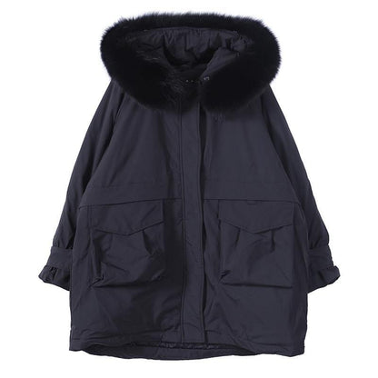 Elegant beige down coat winter Loose fitting fur collar zippered Fine overcoat - SooLinen