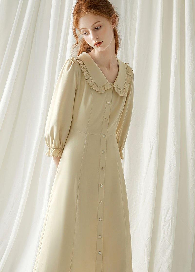 Elegant beige nude blended quilting dresses Peter pan Collar cotton fall Dresses - SooLinen