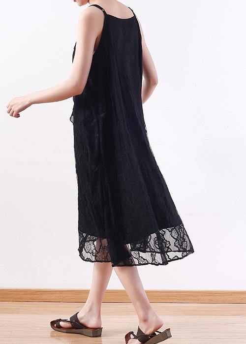 Elegant black Lace Tunics Fine design sleeveless Art summer Dresses - SooLinen