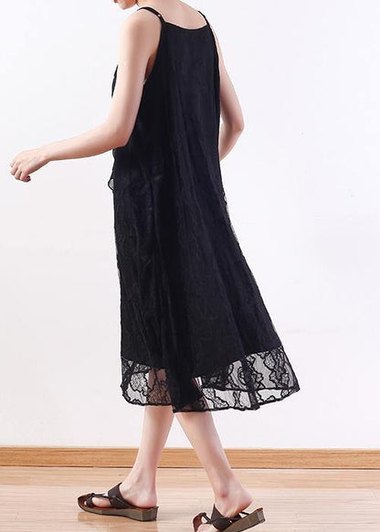 Elegant black Lace Tunics Fine design sleeveless Art summer Dresses - SooLinen