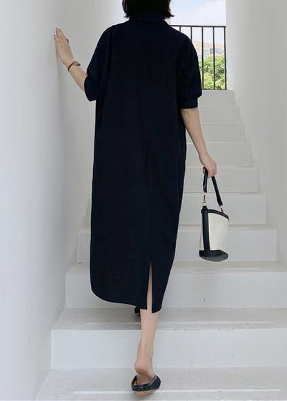 Elegant black back open cotton tunics for women lapel collar Art summer Dress - SooLinen