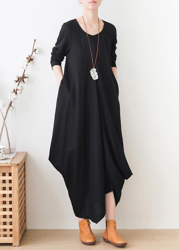 Elegant black clothes For Women o neck asymmetric Maxi fall Dresses - SooLinen