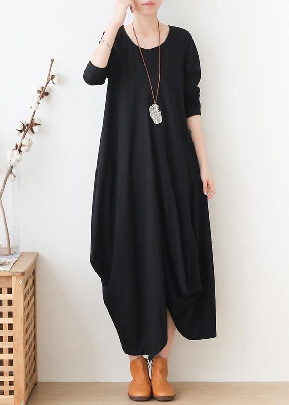 Elegant black clothes For Women o neck asymmetric Maxi fall Dresses - SooLinen