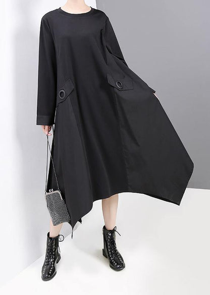 Elegant black cotton tunic dress asymmetric A Line fall Dress - SooLinen