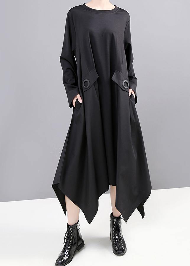 Elegant black cotton tunic dress asymmetric A Line fall Dress - SooLinen